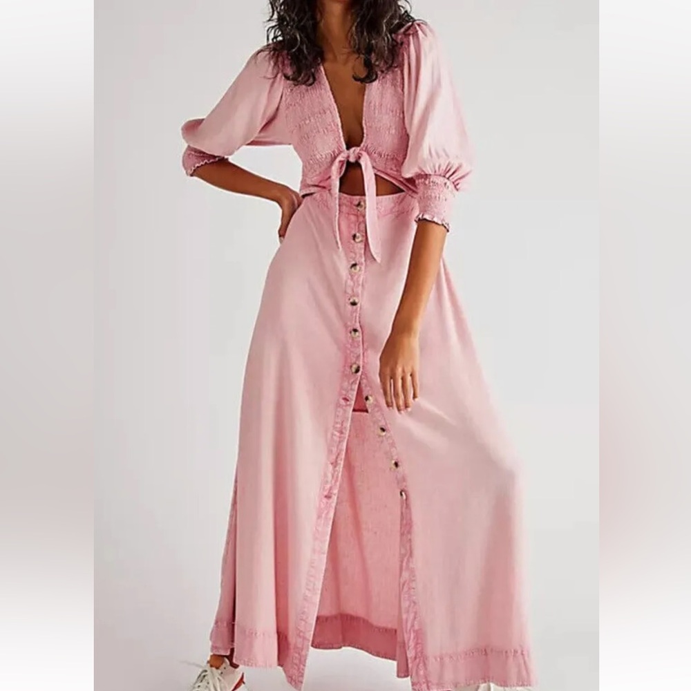 Free People String Of Hearts Maxi Dress Smocked Buttondown Cutout Pink